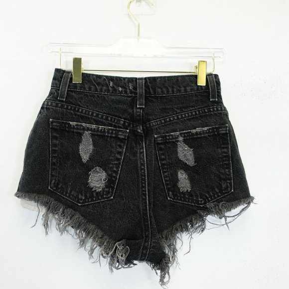 VINTAGE LEVIS Denim Short Shorts Junior 7 Black Distressed Raw Tapered FURST 90s - Picture 5 of 11